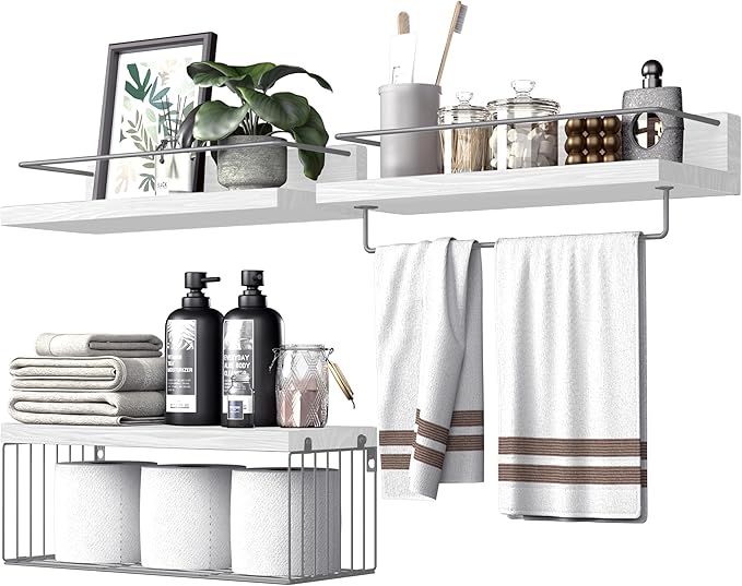 PopiShelves Bathroom Shelves Over Toilet for Wall, Floating Shelves with Storage Basket Paper Holer for Kitchen Living Room, Bedroom & Classroom, Set of 3 (White and Grey)