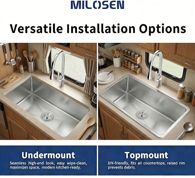 MILOSEN RV Kitchen Sink, 25''×15''×7'' 16 Gauge T304 Stainless Steel Drop-in/Undermount RV Sink, 25 inch Single Bowl Sinks for Caravans/Campervans & Site Cabins, 7 inch Depth Outdoor Trailer Sinks