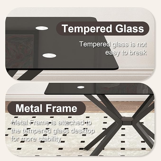 Dining Table Modern Tempered Glass Dinner Table, Rectangle Kitchen Table with Sturdy Metal Legs, Contemporary Minimalist Design, Ideal for Dining Room, Kitchen, or Small Spaces (Full Black, 47.24")