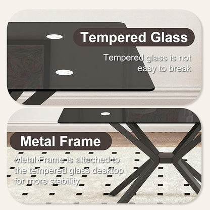Dining Table Modern Tempered Glass Dinner Table, Rectangle Kitchen Table with Sturdy Metal Legs, Contemporary Minimalist Design, Ideal for Dining Room, Kitchen, or Small Spaces (Full Black, 47.24")