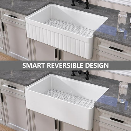GETPRO White Farmhouse Sink 33 X 20 Fireclay Apron Front Undermount Workstation Kitchen Sink Single Bowl Reversible Farm House Style Extra Deep & Wide with Cutting Board & Accessory Kit