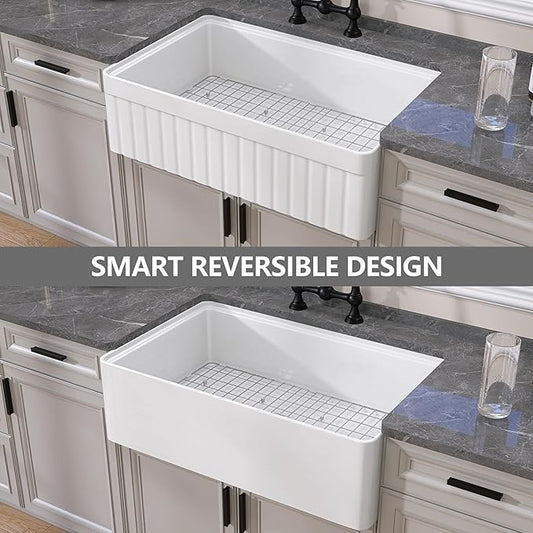 GETPRO White Farmhouse Sink 33 X 20 Fireclay Apron Front Undermount Workstation Kitchen Sink Single Bowl Reversible Farm House Style Extra Deep & Wide with Cutting Board & Accessory Kit