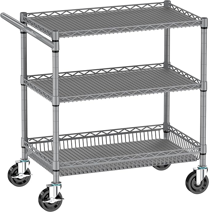 Folews Heavy Duty Rolling Cart with Wheels for Kitchen & Garage, 990LBS 3-Tier Metal Utility Cart, Adjustable Shelves & Basket, Lockable Casters, Commercial Storage Trolley, Gray