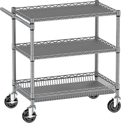 Folews Heavy Duty Rolling Cart with Wheels for Kitchen & Garage, 990LBS 3-Tier Metal Utility Cart, Adjustable Shelves & Basket, Lockable Casters, Commercial Storage Trolley, Gray