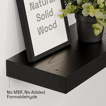 BAOBAB WORKSHOP Wood Floating Shelves for Bathroom Wall - Black Shelf 16 inch - Solid Wood Shelves for Wall for Bedroom Kitchen Living Room - Black Floating Shelves - 16 x 6.7 Inch, Set of 2