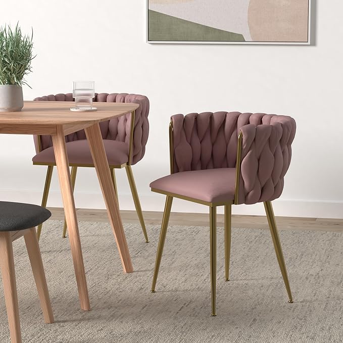 Nrizc Woven Dining Chairs Set of 6, Velvet Upholstered Dining Chairs with Gold Metal Legs, Modern Accent Chairs for Living Room, Dining Room, Kitchen (Pink)