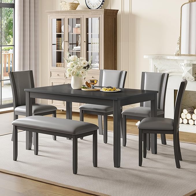 6-Piece Dining Table Set with Bench and Chairs, Wooden Dining Table Set for 6 People, Farmhouse Rustic Kitchen Table Set for Dining Room, Dark Walnut