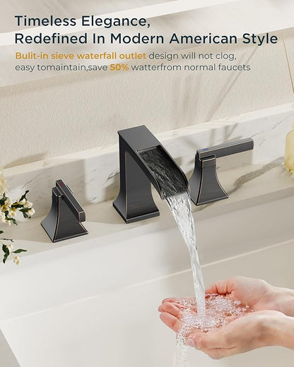 FORIOUS Antique Brass Waterfall Bathroom Faucets 3 Hole, 2 Handle Oil Rubbed Bronze Bathroom Sink Faucet Widespread with Metal Pop-up Drain and CUPC Supply Lines, for 4-16” Centerset Sink