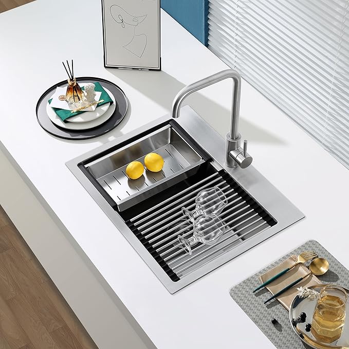 23-Inch Drop in Workstation Kitchen Sink - TSIBOMU 18 Gauge Stainless Steel Single Faucet Hole Single Bowl Topmount Handmade Kitchen Sink, Brushed