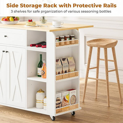 IRONCK Kitchen Island with Drop Leaf and Wine Rack, Rolling Kitchen Island on Wheels with Storage, Kitchen Island Cart with 3 Spice Rack, 3 Open Shelves, and Drawer, White