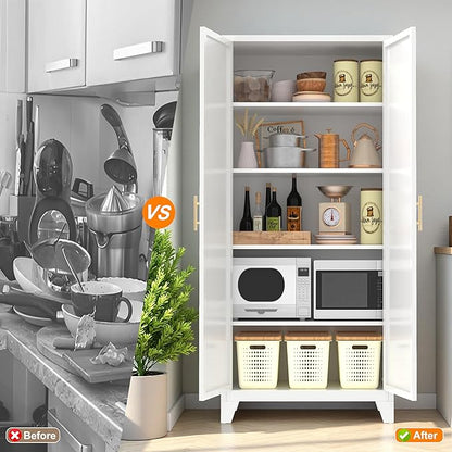 Ball & Cast 61″Tall Freestanding Kitchen Pantry Cabinet,Versatile Metal Storage Cabinet w/Adjustable Shelves & Doors,Pantry Cabinet for Kitchen and Dining Room,White