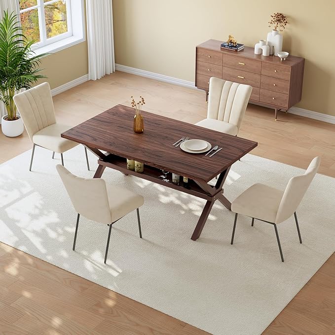 HIPIHOM 63" Kitchen and Dining Table Set for 4, MDF Wooden Table with Dining Chairs, Durable Metal Frame, Small Kitchen Island Styles with Storage Shelves