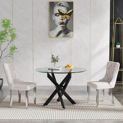 Round Glass Dining Table,Glass Dining Room Table with Metal Legs, Modern Kitchen Table for Home, Kitchen, Dining Room