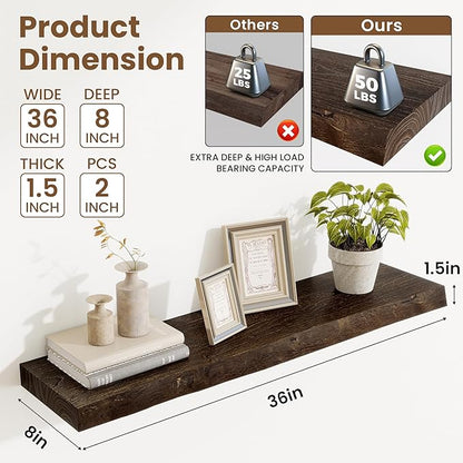 Acovy Extra Deep 36" Long Live Edge Rustic Floating Shelves for Wall, Solid Wood Wall Shelves with Invisible Bracket Mount for Living Room Bathroom Bedroom Kitchen, Set of 2, Natural