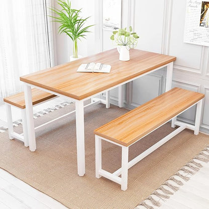 Recaceik Dining Table Set for 4 Kitchen Dining Room Set with 2 Dinner Benches, Farmhouse Breakfast Table for Apartment Small Space, Easy Assembly
