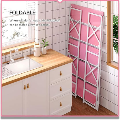 4NM Extra Wide 5 Tiers No Assembly Book Shelves, 51.2" H Folding Bookshelf Bookcase Open Industrial Foldable Shelves for Bedroom, Living Room, Home Office - Pink White