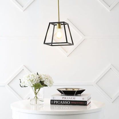 JONATHAN Y 9.25" Black/Brass Gold 1-Light Iron Pendant Lantern, Farmhouse Industrial Cage Light for Kitchen Island Dining Room, Adjustable Height, LED Bulb Included JYL6509A