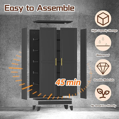 PAOFIN 75" Metal Kitchen Pantry Cabinet,Black Storage Cabinet with Doors and 5 Adjustable Shelves, Cabinet with 2 Metal Handles,Tall Cabinet for Livingroom,Pantry, Bathroom,Kitchen