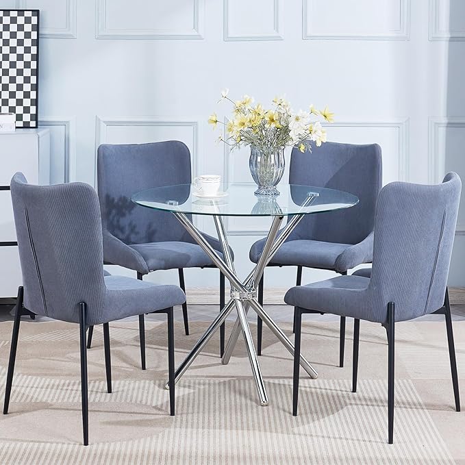 Round Glass Dining Table,Clear Kitchen Table with Tempered Glass Tabletop and Tripod Chrome Legs,Round Glass Table for Restaurant/Dining Room 35.43" D x 35.43" W x 29.5" H (Silver- 4 Legs)
