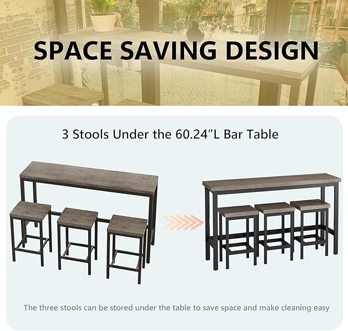 Merax Modern Design 4-Piece Counter Height Extra Long Dining Table Set with 3 Stools and Side Table with Footrest,Space-Saving Pub Kitchen Set,Easy Assembly,Brown Gray