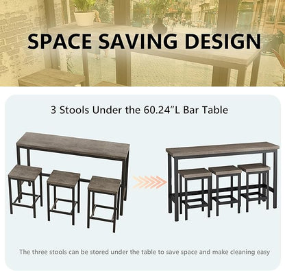 Merax Modern Design 4-Piece Counter Height Extra Long Dining Table Set with 3 Stools and Side Table with Footrest,Space-Saving Pub Kitchen Set,Easy Assembly,Brown Gray
