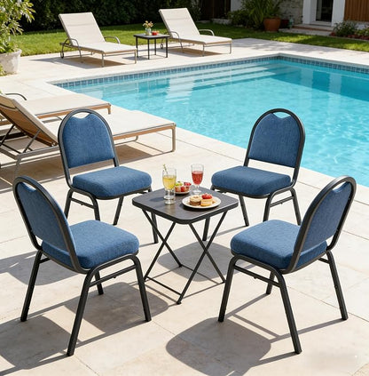 Stackable Banquet Dining Chairs 4 Pack, Upholstered Crown Back Event Chairs with Blue Fabric Seat, Heavy Duty Steel Frame, 300 lb Capacity, No Assembly, for Restaurant Wedding Conference