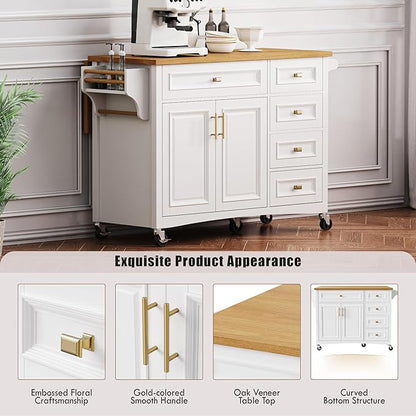 Kitchen Island with Drop Leaf, Embossed Texture Kitchen Island on Wheels with Spice Rack,Towel Rack, 2 Doors and 5 Drawers, Kitchen Storage Cart with Adjustable Shelf for Kitchen (White@093)