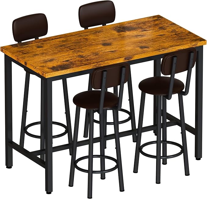 Lamerge Bar Table Set for 4 Kitchen Table and Chairs Set, Industrial Dinner Table with 4 PU Upholstered Stools Kitchen Pub Table for Kitchen, Space Saving, Restaurant (Rustic Brown and Black)