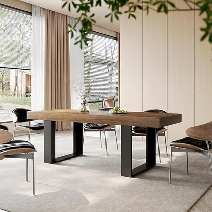 STHOUYN Farmhouse Rustic Extendable Dining Room Table for 8 10, 70.9" (86.6") x 31.5", Rectangular Dinner Table for 6-10, Mid Century Modern Expandable Retractable Wooden Kitchen Table (Brown)