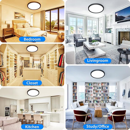 Peasur 12 inch LED Ceiling Light, 3000K/3500K/4000K/5000K/6500K Adjustable Flush Mount Light Fixture,3200LM 28W Thin Black Round Lamp for Hallway Kitchen Bathroom Bedroom, 6Pack