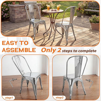 Shahoo Metal Dining Chairs Classic Iron Stackable Industrial Vintage Trattoria with Back, Indoor-Outdoor Side Settee for Home Bistro Cafe Kitchen Restaurant Set of 4, Sliver