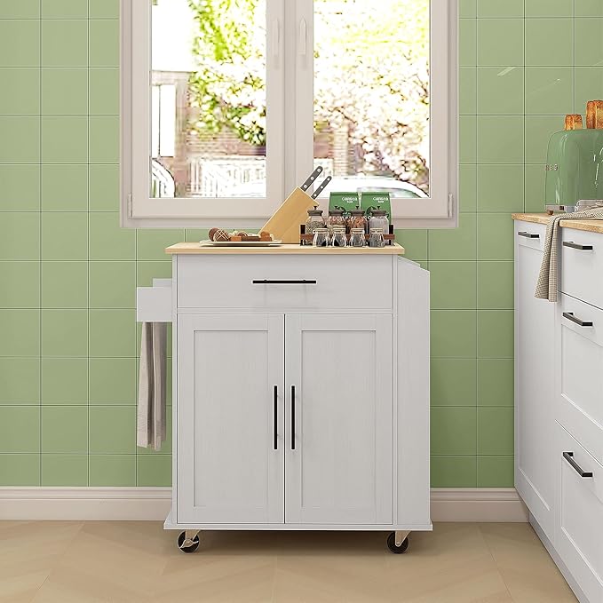 GOWE Kitchen Island with Storage, Rolling Kitchen Cart with AC Outlets and USB Ports, Microwave Stand with Towel and Spice Rack, White