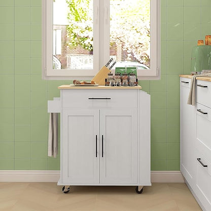 GOWE Kitchen Island with Storage, Rolling Kitchen Cart with AC Outlets and USB Ports, Microwave Stand with Towel and Spice Rack, White