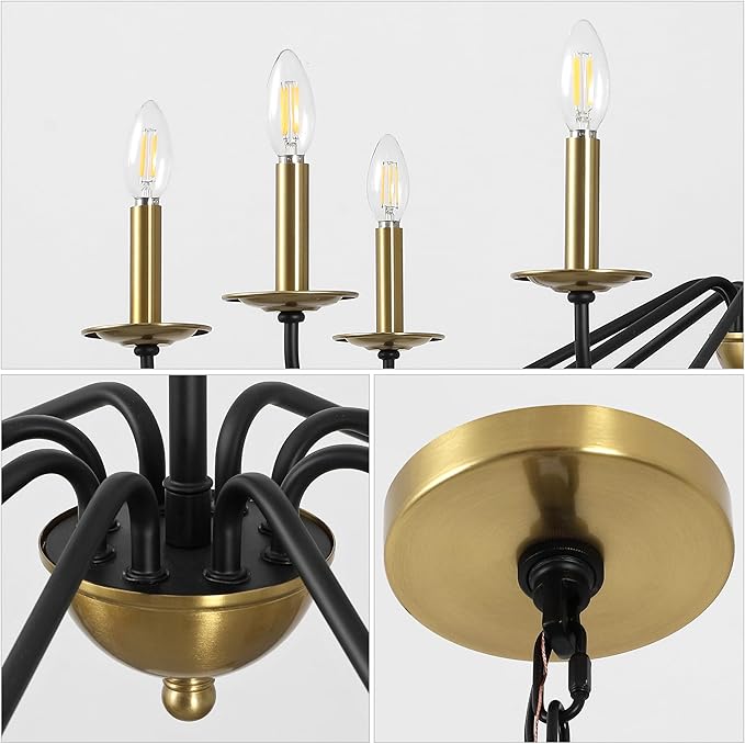 JONATHAN Y 40" Brass Gold/Black 8-Light Bohemian Farmhouse Iron Chandelier, Rustic Candle-Style LED Hanging Light for Dining Room Kitchen Island Entryway Foyer (JYL7914B)