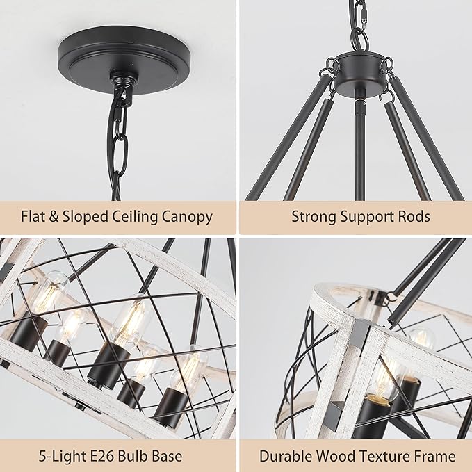 Rustic Farmhouse Chandelier, 19.8 inch 5-Light White Round Dining Room Lighting Fixtures Hanging Pendant Lighting for Kitchen Island Entryway Foyer Bedroom Hallway