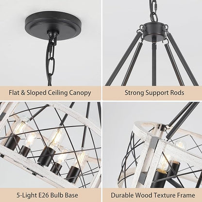 Rustic Farmhouse Chandelier, 19.8 inch 5-Light White Round Dining Room Lighting Fixtures Hanging Pendant Lighting for Kitchen Island Entryway Foyer Bedroom Hallway