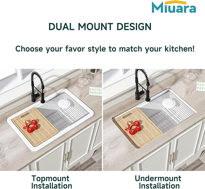 Miuara White Undermount Workstation Kitchen Sink 30 Inch - Topmount Fireclay Drop In Sink 30"x19"x10", Dual Mount Heavy Duty Deep Single Bowl, with 4 Custom Accessories, for Kitchen, Island
