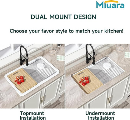 Miuara White Undermount Workstation Kitchen Sink 30 Inch - Topmount Fireclay Drop In Sink 30"x19"x10", Dual Mount Heavy Duty Deep Single Bowl, with 4 Custom Accessories, for Kitchen, Island