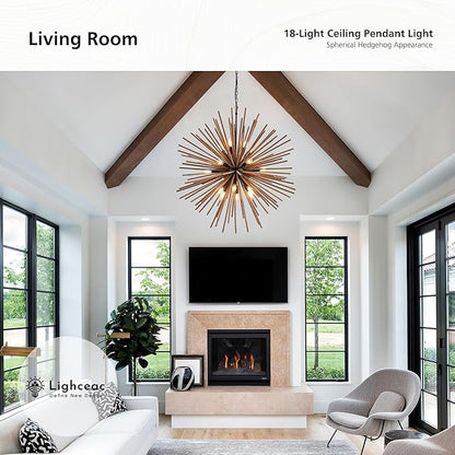 37.4" Farmhouse Sputnik Chandelier for Dining Room Rustic Handmade Natural Wood 18-Light Hanging Ceiling Pendant Light Fixture Starburst Wood Chandeliers for Kitchen Bedroom Foyer Hallway