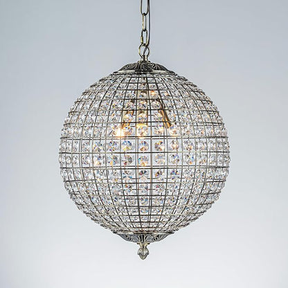 ALOADECOR 3-Light 16" Retro Antique Gold Crystal Globe Chandelier Sphere Cage-Style Shade Pendant Light for Kitchen Isl and Dining Room