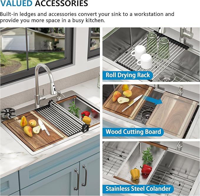 28"x22" Drop In Kitchen Sink Ledge Workstation – 16 Gauge 304 Stainless Steel Top Mount Overmount Single Bowl Sink Basin with Faucet Combo & Glass Rinser