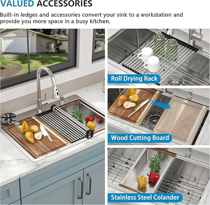 28"x22" Drop In Kitchen Sink Ledge Workstation – 16 Gauge 304 Stainless Steel Top Mount Overmount Single Bowl Sink Basin with Faucet Combo & Glass Rinser