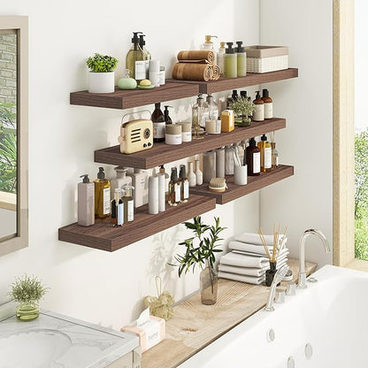 Fun Memories 24 Inch Floating Shelves for Wall, 9.3Inch Deep Floating Shelf, Extra Deeper & Thicker Wall Mounted Storage Shelf for Kitchen, Farmhouse, Walnut, 2 Pack