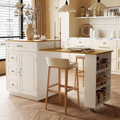 73” Kitchen Island with Extendable Dining Table, Multifunctional Wine Cabinet with 1 Door, 5 Drawers, Open Side Shelves, Wine Rack, Stemware Holder, Rolling Wheels, Chairs Not Include, White+Natural