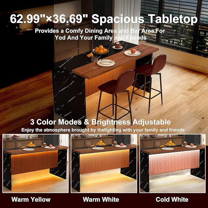 Montary 63-inch Modern Kitchen Island and Dining Table Set with 2 Swivel Stools, Marble-Look Countertop with LED Lights and Metal Grille Design, for Kitchen, Living Room,Black & Brown