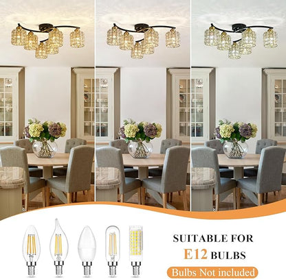 6-Light Ceiling Light Fixtures,Crystal Semi-Flush Fixture,Black & Gold Farmhouse Ceiling Light, Luxury Flush Mount Lighting for Dining Room, Living Room, Kitchen Island