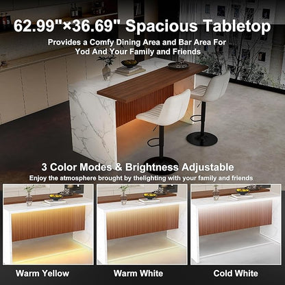 63" Modern Kitchen Island with Marble-Look Surface with 2/4 Bar Stools, Island Table with LED Lights, for Kitchen,Dining Room, Bar, Office, Living Room (White+2Beige)