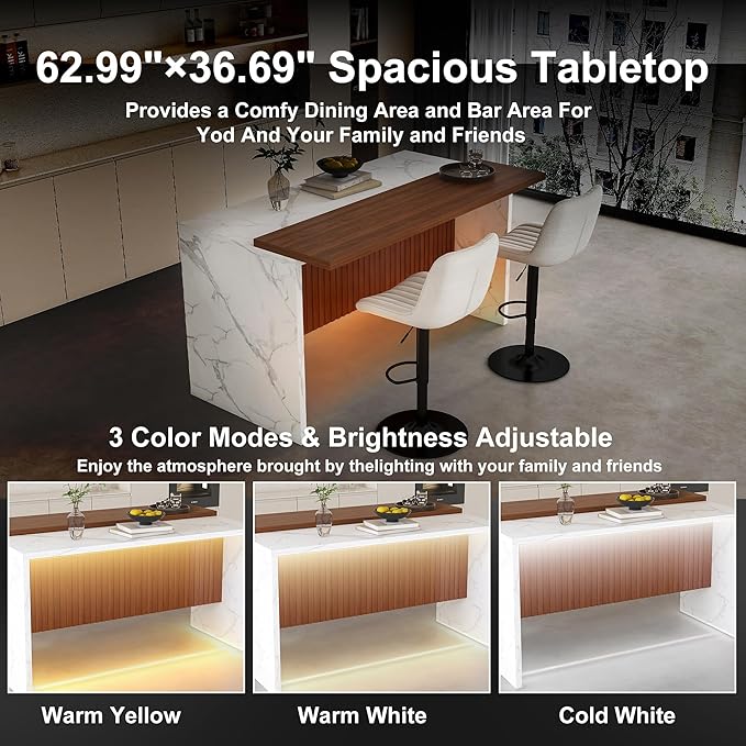Runboll 63" Large Island Table Set with 2 Bar Stools, Modern Faux Marble Dining Table Set with Multi-Color LED Lights, Kitchen Island with Grille Design for Dining Room, Home, Office, Living Room