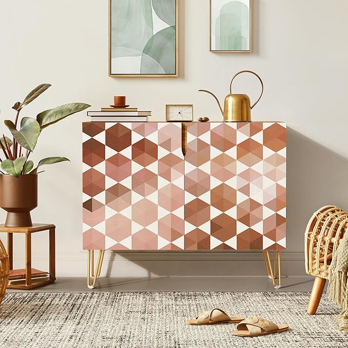 SIGNWIN Sideboard Buffet Cabinet, Kitchen Storage Cabinet with 2 Doors, Brown Pastel Mid-Century Polygons, Cupboard Console Table for Dining Room - 35" L x 18" W x 29" H