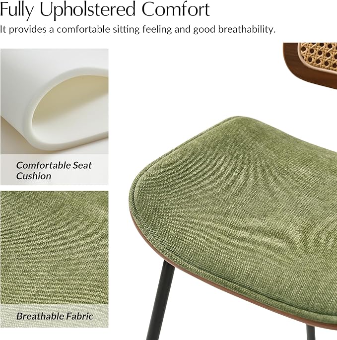 HULALA HOME Rattan Dining Chairs Set of 4, Green Farmhouse Upholstered Kitchen Chairs Set with Square Cane Backrest, Metal Legs for Dining Living Room Resurant Cafe - Moss